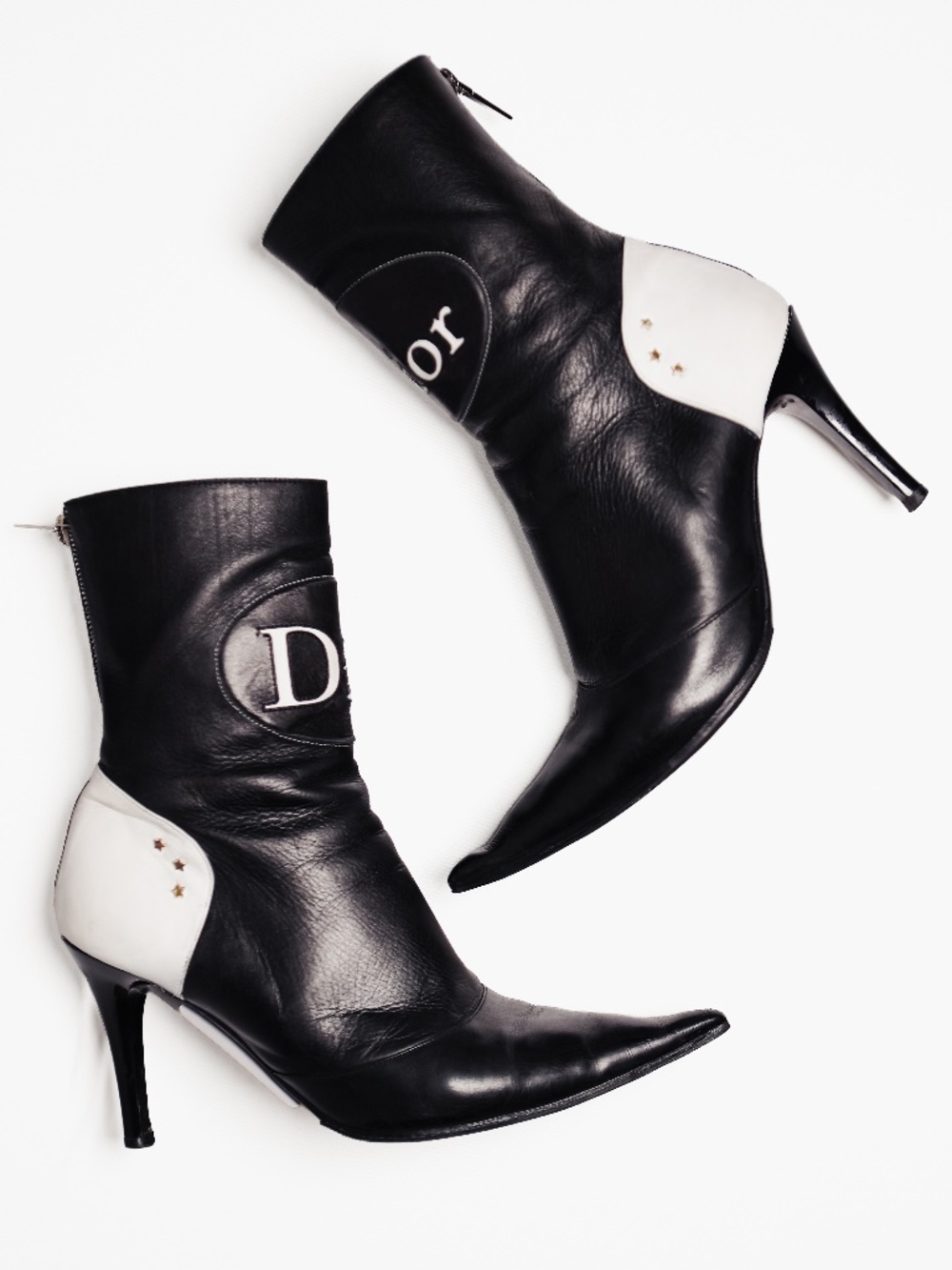Dior Galliano Vintage Y2K Black Leather D Logo Pointed Toe Ankle Boots 37.5